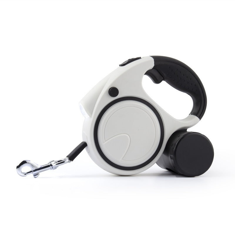 Automatic retractable dog walking leash with torch & poop bag dispenser.