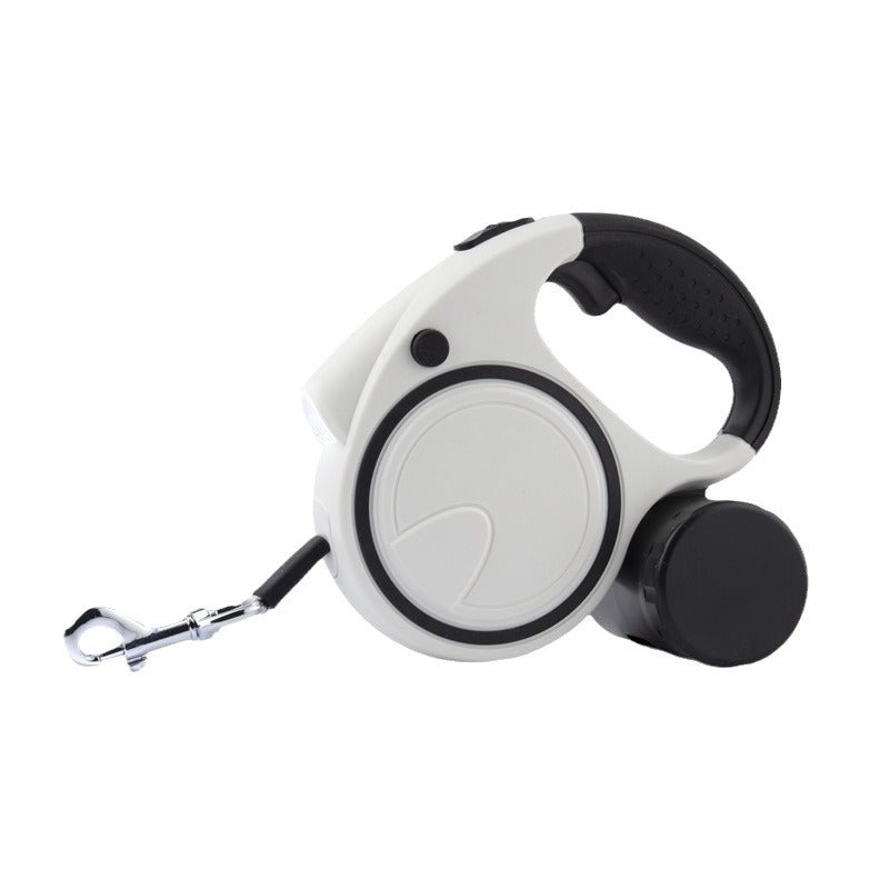 Automatic retractable dog walking leash with torch & poop bag dispenser.