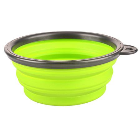 Collapsible silicone travel dog bowl.