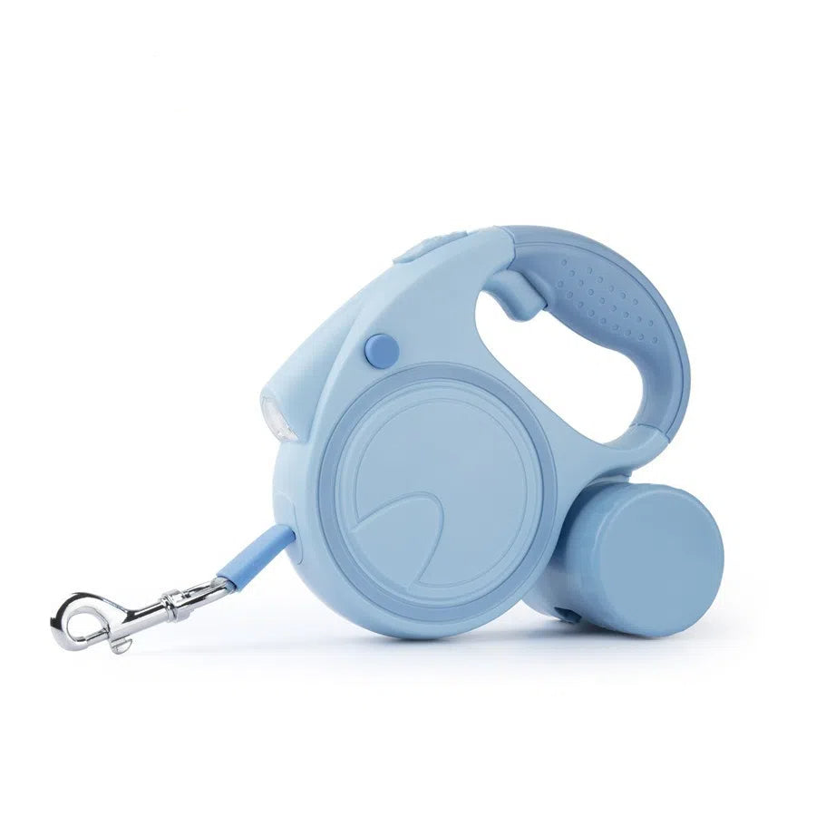 Automatic retractable dog walking leash with torch & poop bag dispenser.